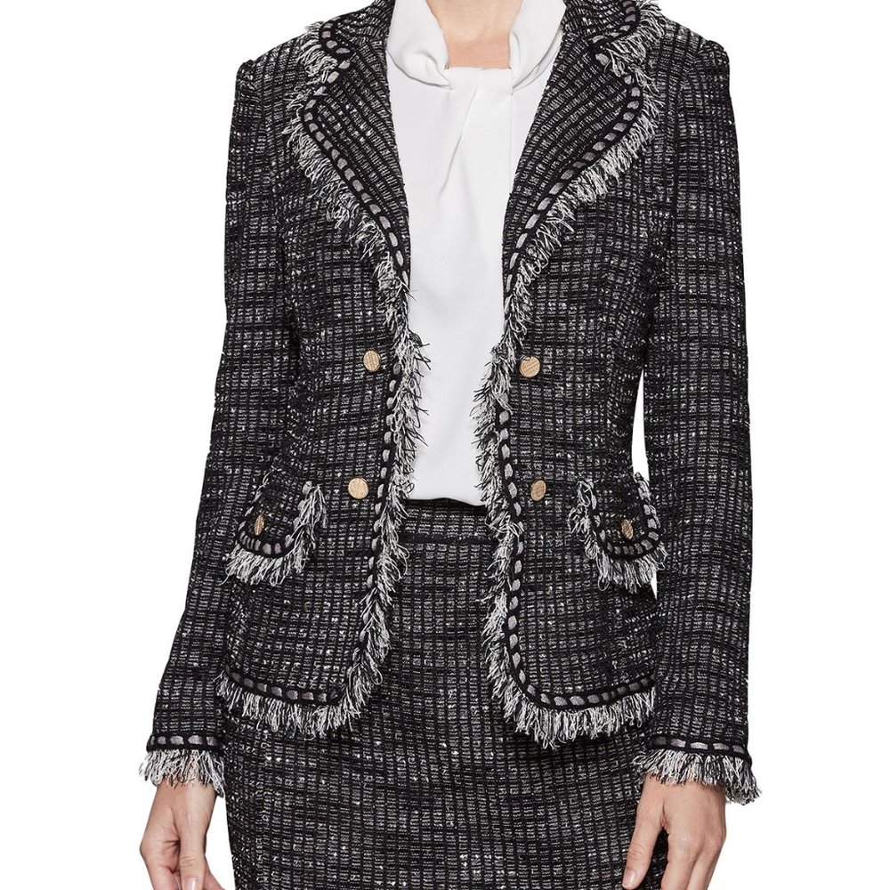 Misook Black & White Frayed Edge Tweed Open Front Jacket Size M - Picture 3 of 9